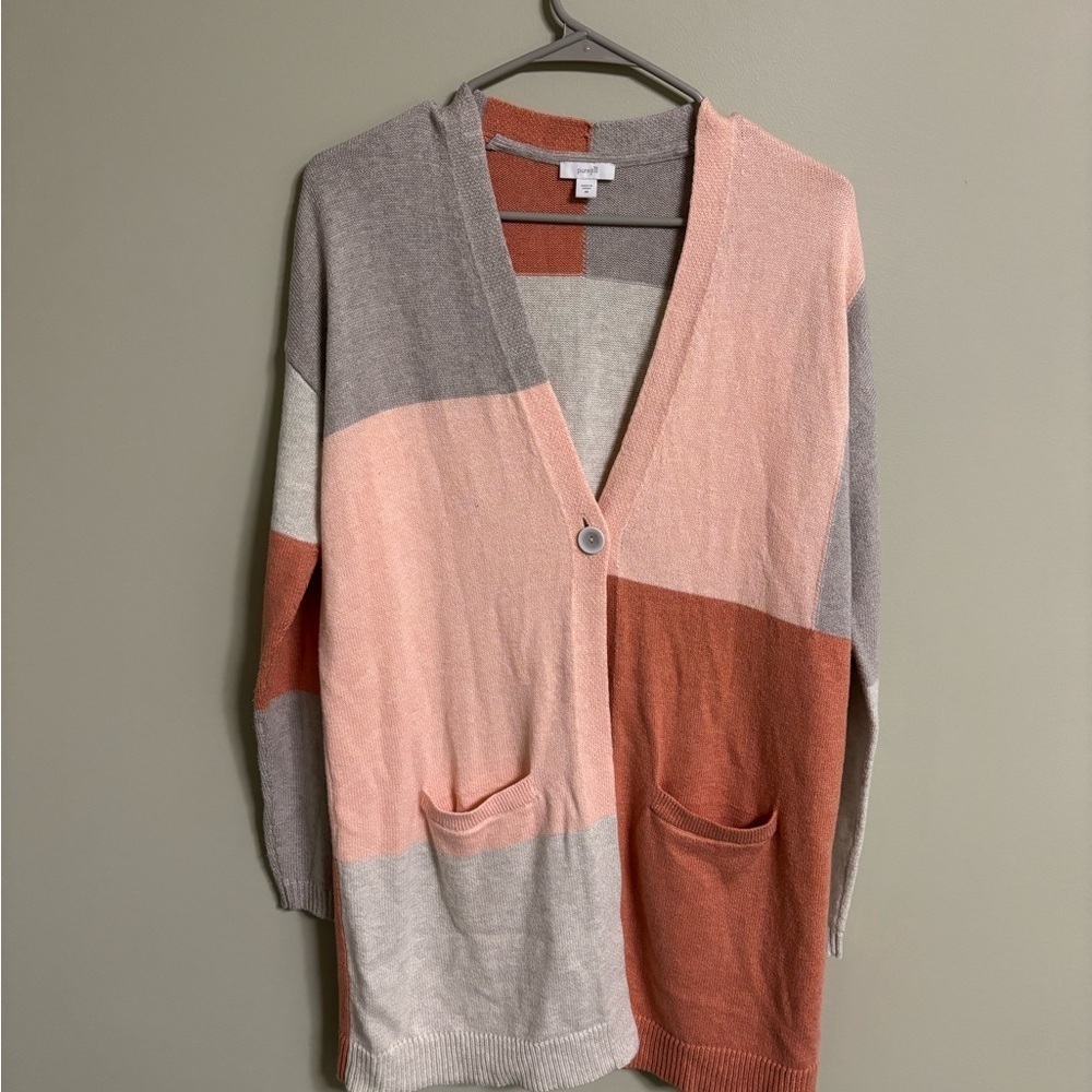 J.Jill Pure Women's V-Neck Cardigan Size XS Multi-Color Block Pockets Relaxed